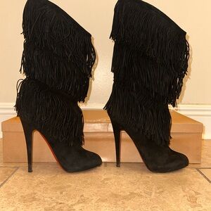 Christian Louboutin 
Forever Tina Black Fringe Suede Heeled Boots